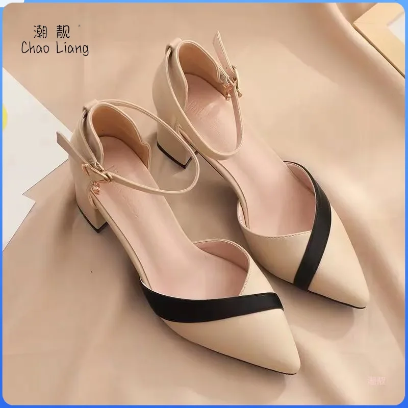 Women Classic Beige Square Heel Shoes for Party Ladies Classic Black Pu Leather Night Club Pumps Sapato Feminino C5762