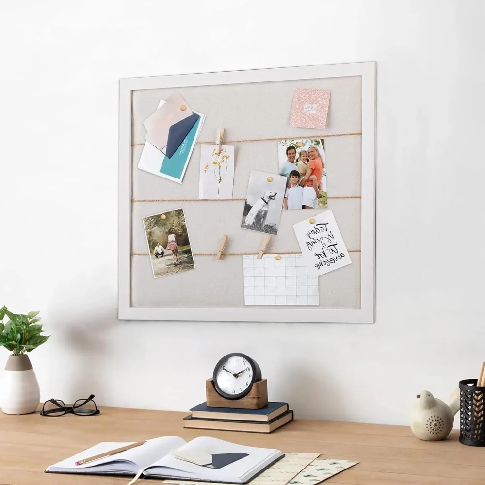 لوحة إعلانات كبيرة من الكتان الأبيض الريفي مقاس 28 × 32 بوصة بإطار خشبي مع مشابك للفصول الدراسية للمكتب المنزلي