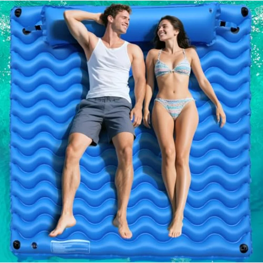 

2-Person Inflatable Pool Float for Swimming Pool, Lake, Beach, River Heavy Duty PVC, Blue Large 71'' x 71'' with Headrest and C