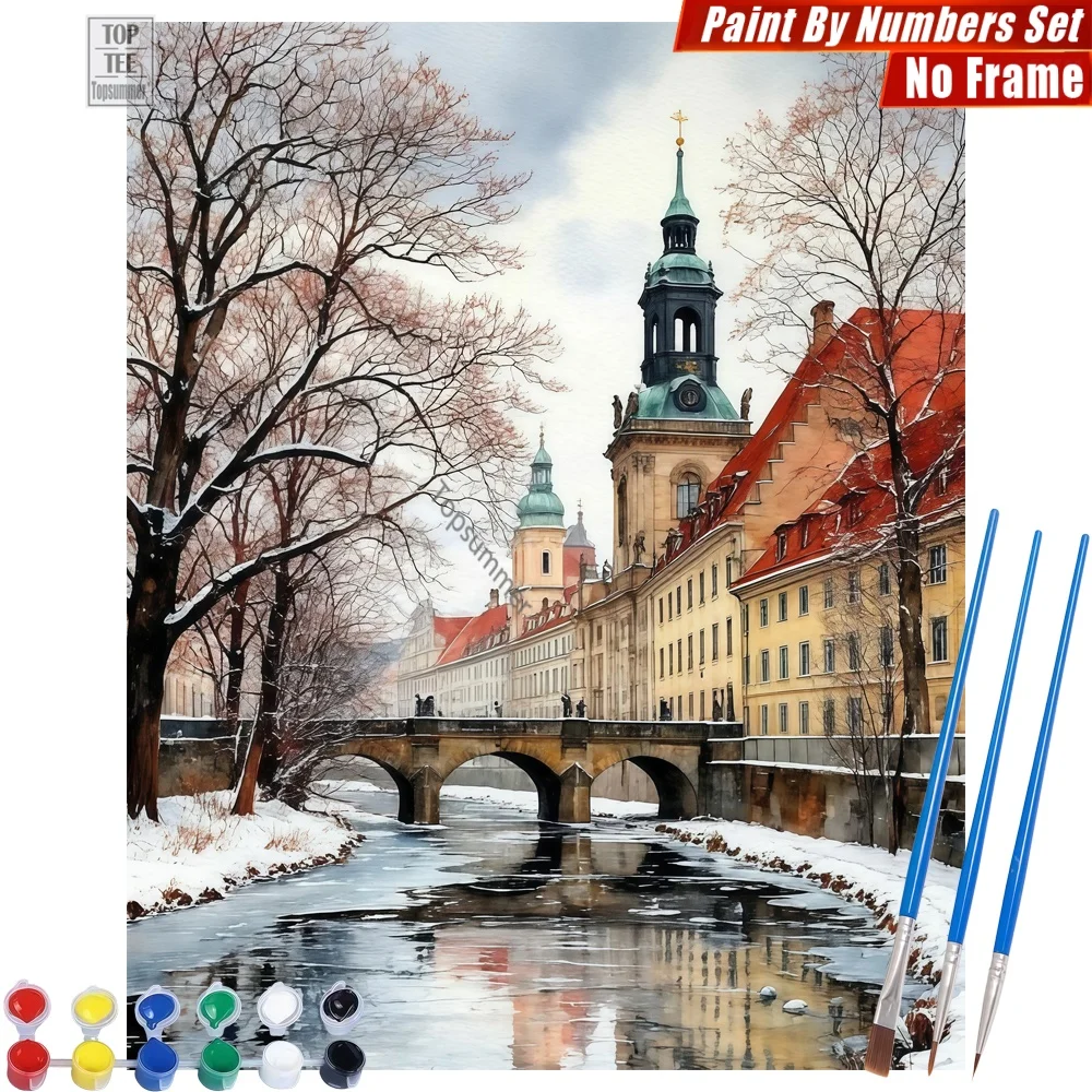 

Serene Winter European Paints By Number Set - Frozen Historic Bridge Abstract Wall Art Mother'S Day Gift For Wife