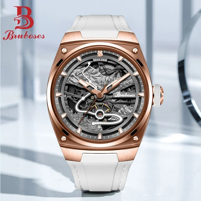 

BRUBOSES Male Wristwatch Luxury Automatic Winding Silicone Band Mechanical Watch for Men Luminous Waterproof Clock Reloj Hombre