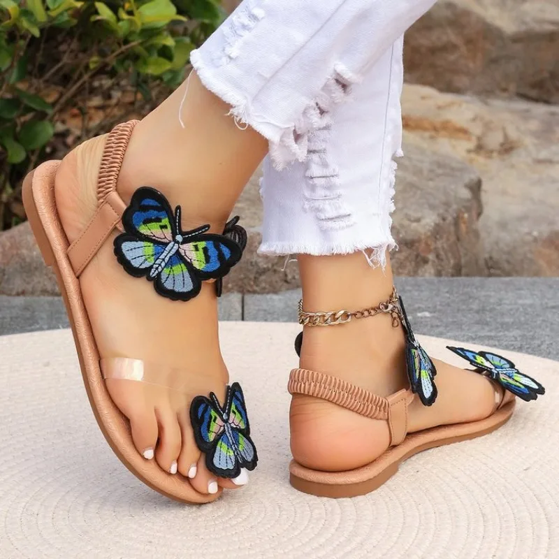 2024 Summer New Bohemian Flat Slippers Wearing Ethnic Style Butterfly Toe Beach Sandals for Women Size 43