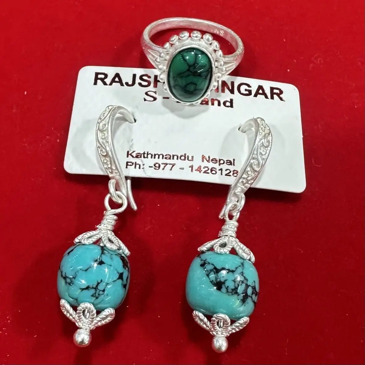 

Tibetan Mongolian new turquoise earrings ring two-piece set