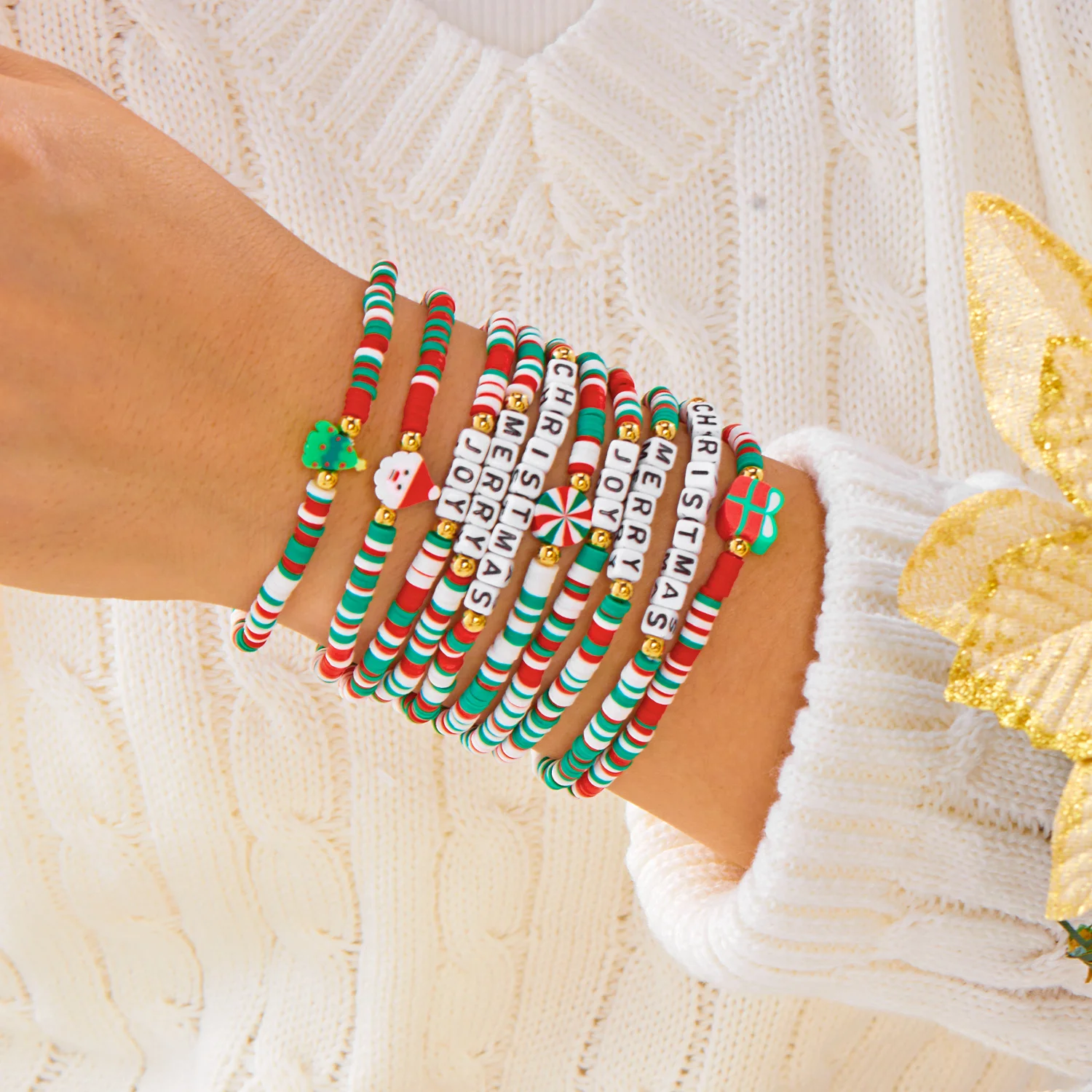 10Pcs/Set Colorful Soft Clay Beads Christmas Tree Santa Claus Beaded Bracelet Set For Women Stackable Bangle Handmade Party