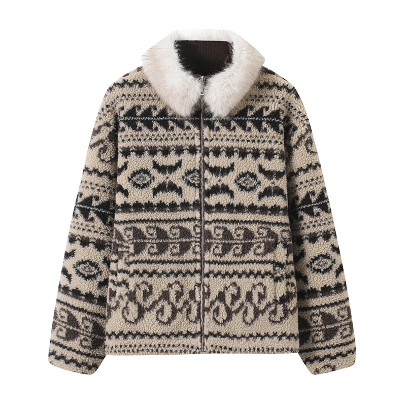 

Lamb Fur Collar Thiened Fce Women's Winter Coat Loose Fit Comfortable Lazy Sle American Retro Fair Isle Detachable