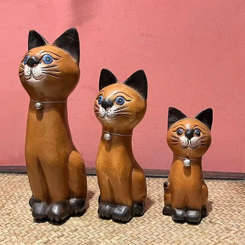 Handmade wood carving cat tabletop ornament living room study cartoon decoration creative gift blessing to friends