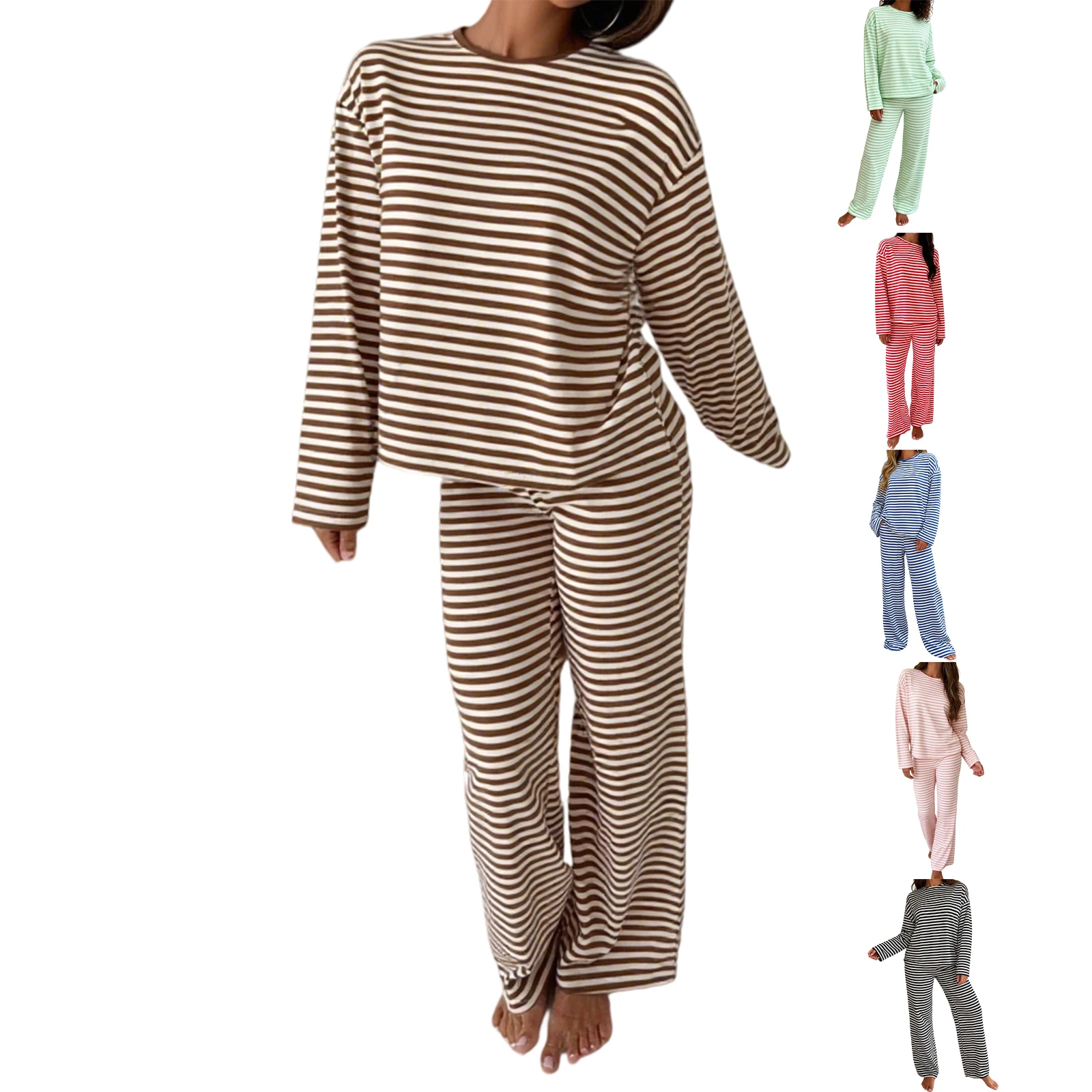 

Women's 2 Piece Casual Outfits Long Sleeve Round Neck Striped Tops Wide Leg Pants Sets