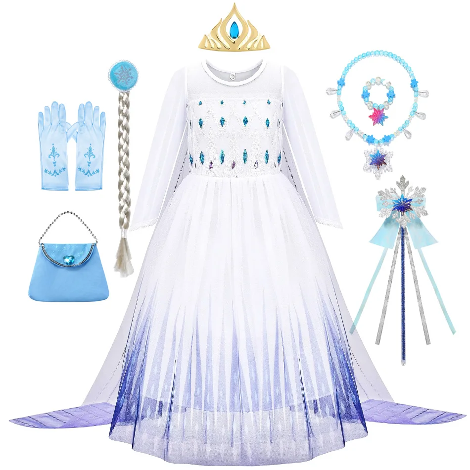 Elsa Costume Girls Princess Dress White Long Sleeve Ball Gown Birthday Kids Snow Queen Cosplay Carnival Costume