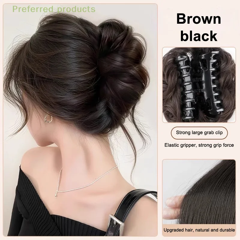 Women's Fluffy Volumizing Hair Bun Wig Realistic Asian Fiber Tail Clip on Fake Hair Chicken Coop Headpiece for Quick Hair Updo