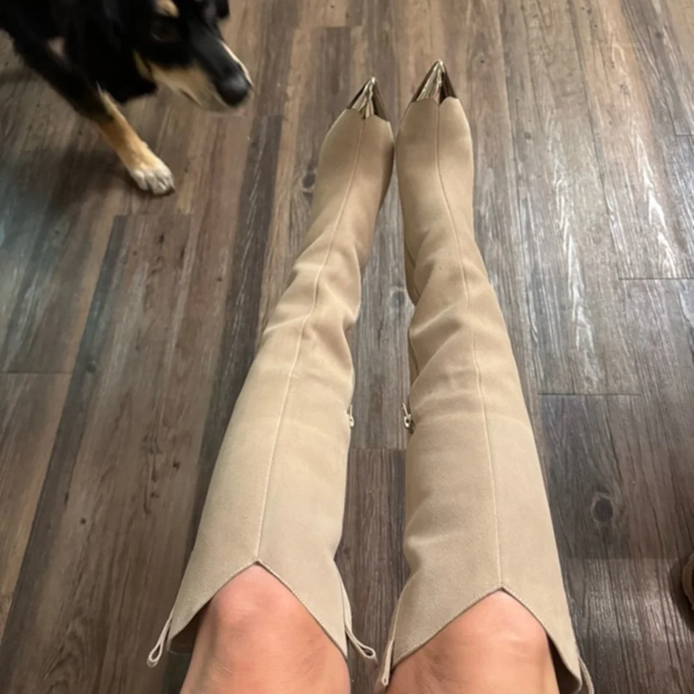 Beige Suede Stiletto Heel Thigh-High Boots Metallic Pointed Toe Simple Side Zipper V-shaped Shoe Opening Design Elegant Boots