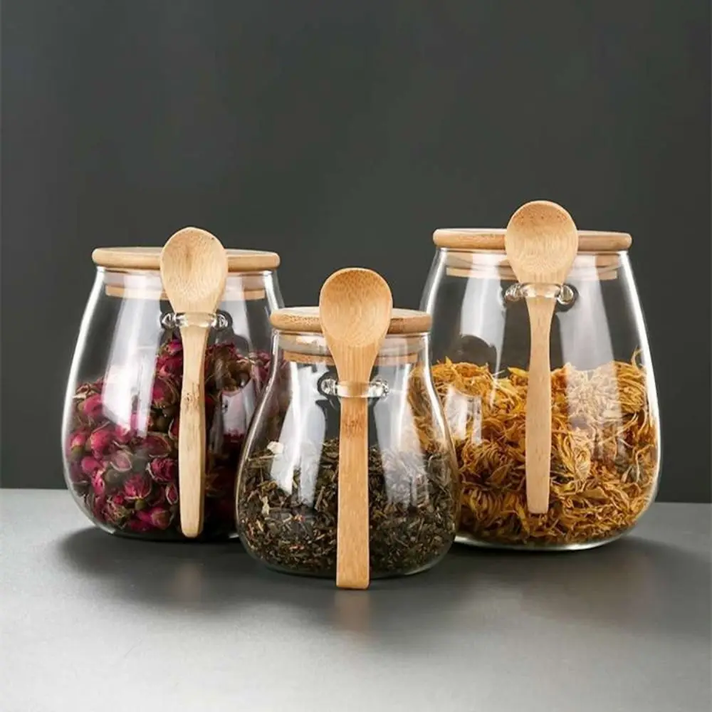 

Wide Mouth Glass Storage Jars Airtight with Bamboo Lid Food Storage Canisters Transparent with A Spoon Glass Canister Jar