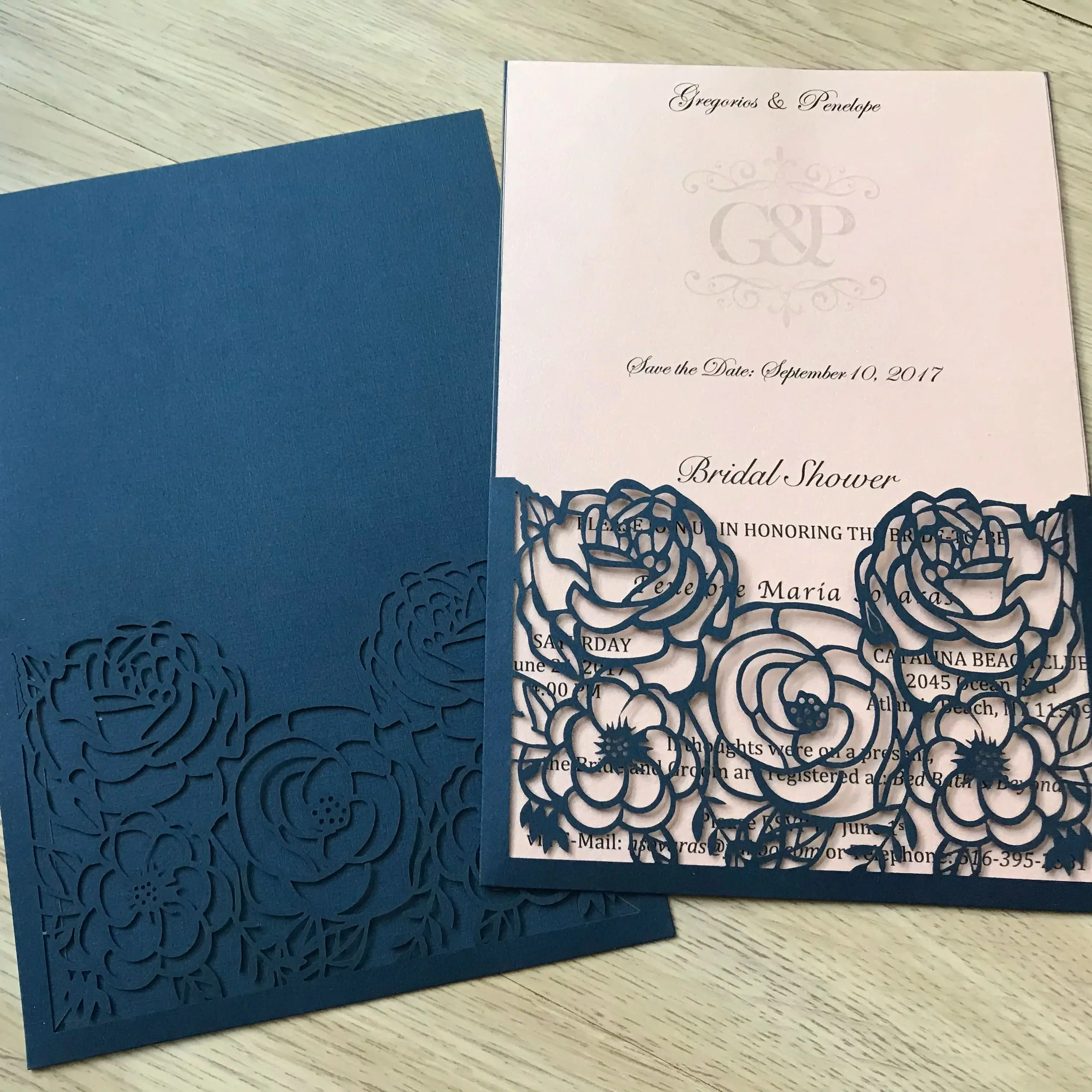 

Laser Cut Wedding Invitation Card, Personalized Rose Laser, Dark Navy Blue, Pocket, 10Pcs