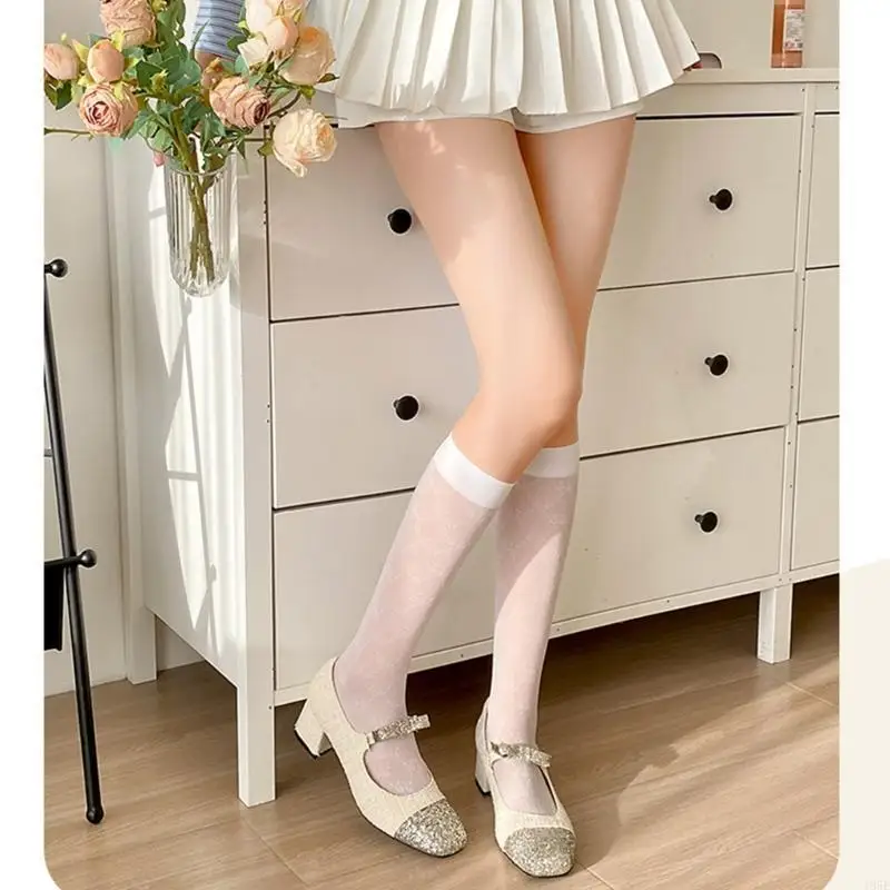 195E hasta rodilla para mujer, rejilla, calcetines hasta rodilla transparentes florales