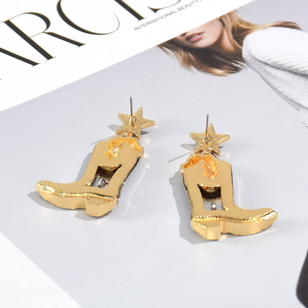 Trendy Metal Five Star Cowboy Boot Drop Earrings for Women Vintage Geometric Shoe Design Earrings 2024 Holiday Jewelry