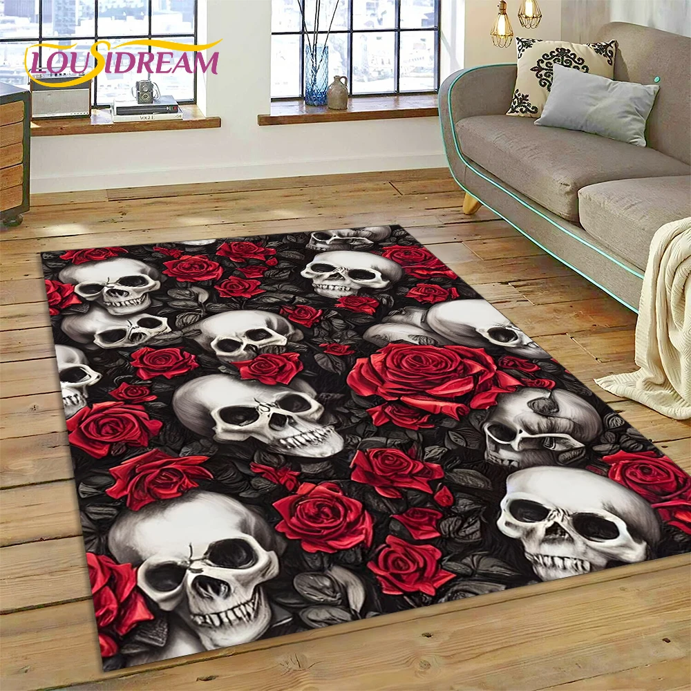 Cartoon Horrible Gothic Skull Flowers Carpet Rug for Home Living Room Bedroom Sofa Doormat Decor,Kid Area Rug Non-slip Floor Mat