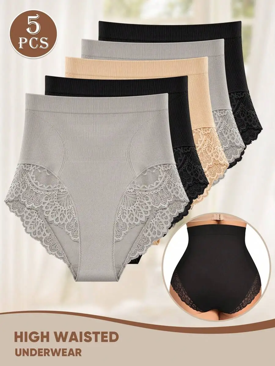 

5 Pcs High Waisted Lace Panties For Women Soft Stretch Briefs