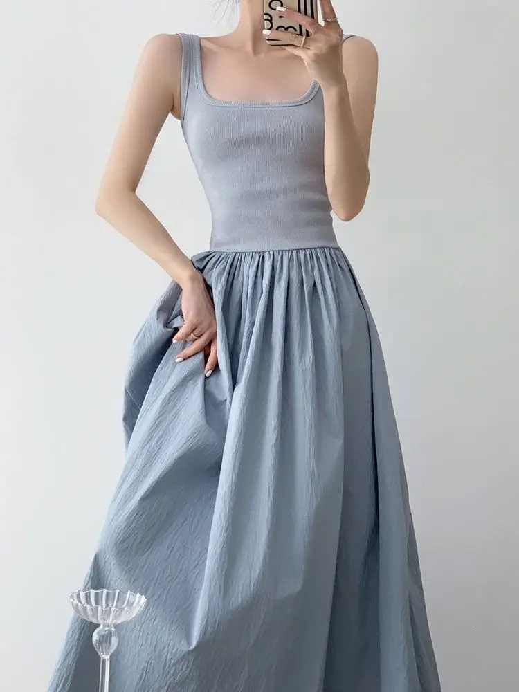 2024 Summer New Knitted Spliced Sleeveless Suspended Tank Top Long Dress Square Neck Over Knee Dress