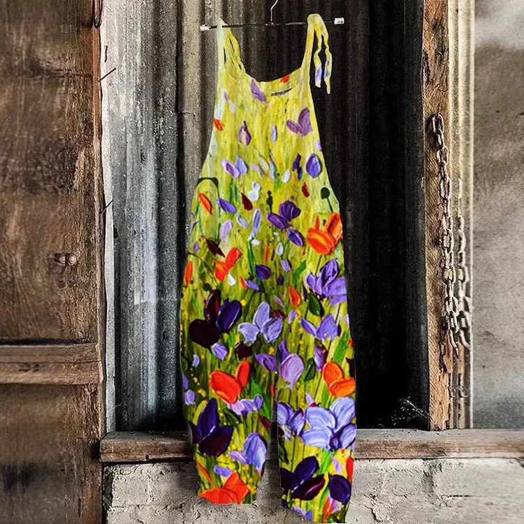 

BD New Cotton And Linen Overalls Printed Suspenders Casual Jumpsuit Beach Pants Summer Women's Clothing