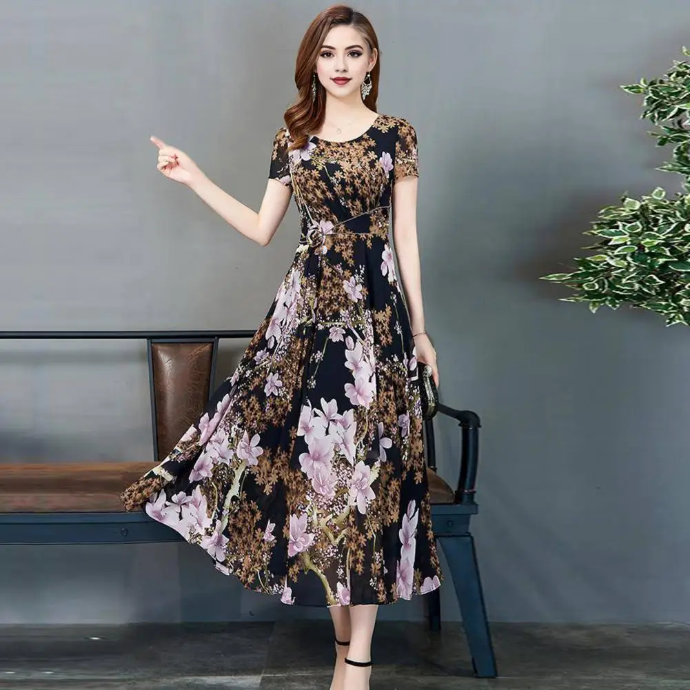 

Women Long Dress Women Printed Midi Dress Elegant Floral Print A-line Midi Dress for Women High Waist Pleated Formal for Summer