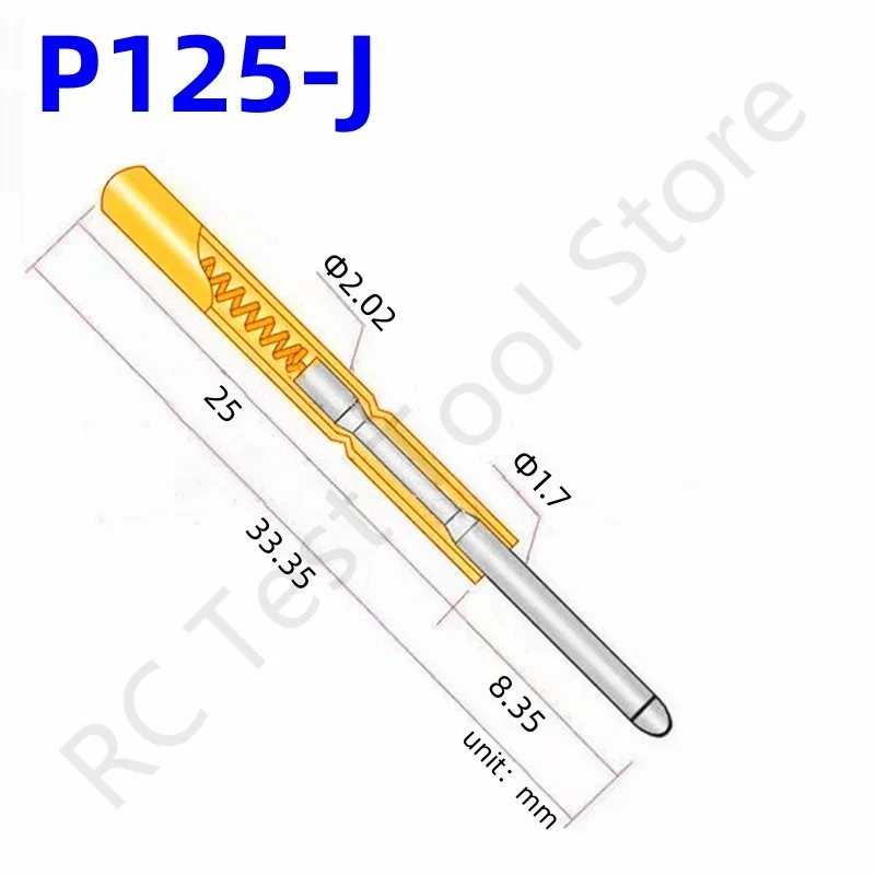 

100PCS P125-J Spring Test Probe Test Pin Pogo Pin P125-J1 Electric ICT FCT PCB Test Tool 1.7/2.02/33.35mm Needle Round Tip Head