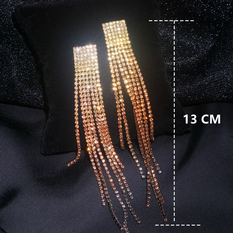 New Elegant Crystal Tassel Long Earrings for Women Shiny Rhinestone Drop Dangle Earrings Wedding Party Big Earrings Jewelry Gift