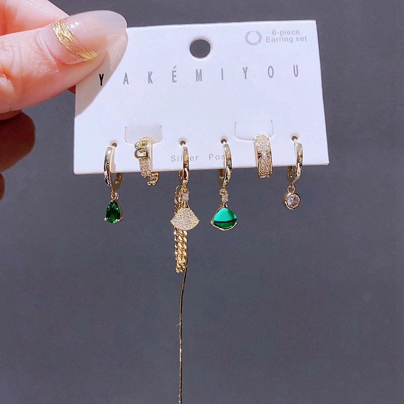 6pcs Design Green Stone Water Drop Fan Shaped Dangle Earrings Set for Women Gold Color Copper Jewelry