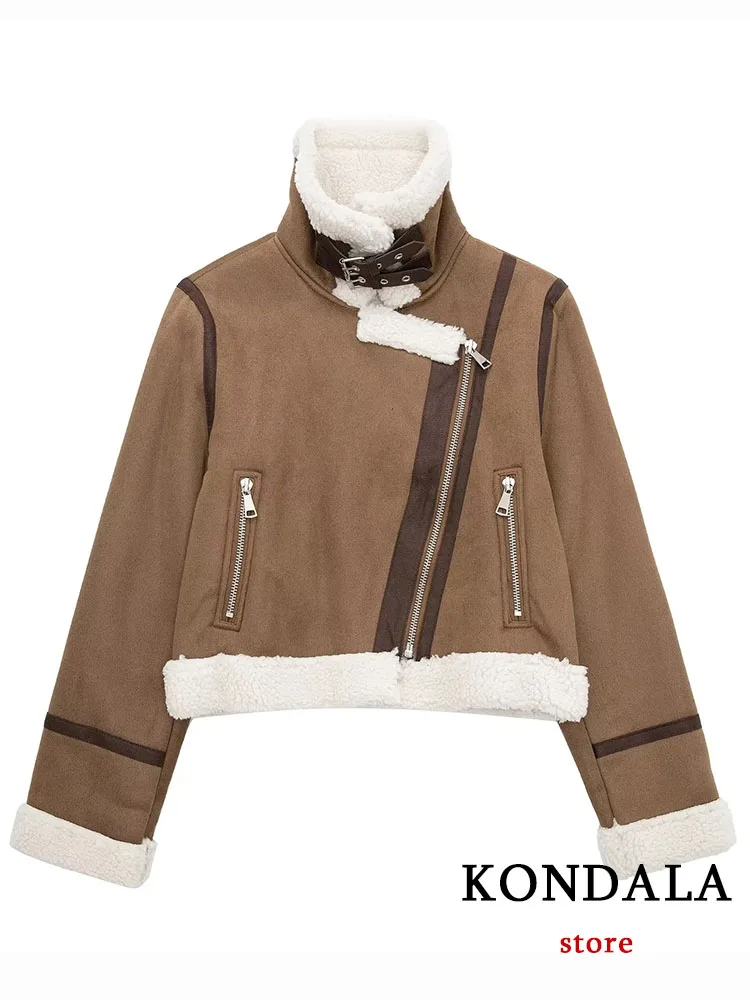 KONDALA Vintage Casual Chic Women Jacket Long Sleeve Zipper Thick Warm Short Soild Turtleneck Fashion 2022 Winter Female Coats