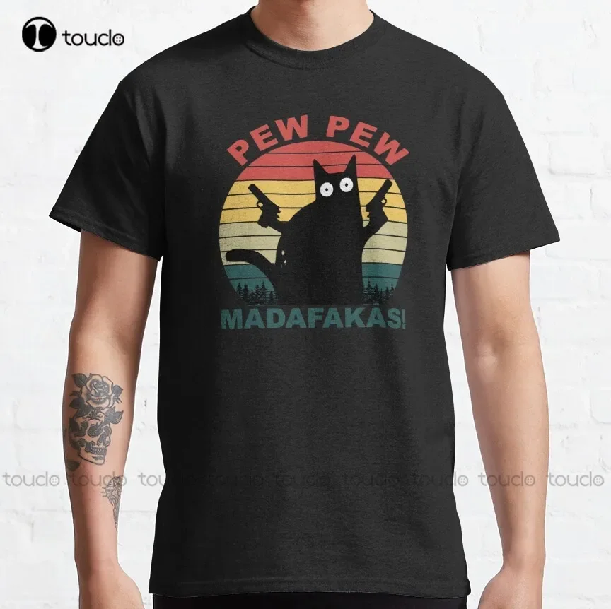 Funny Cats Lovers Pew Pew Madafakas Cat Classic T-Shirt Skull Shirt Custom Aldult Teen Unisex Digital Printing Tee Shirt Xs-5Xl