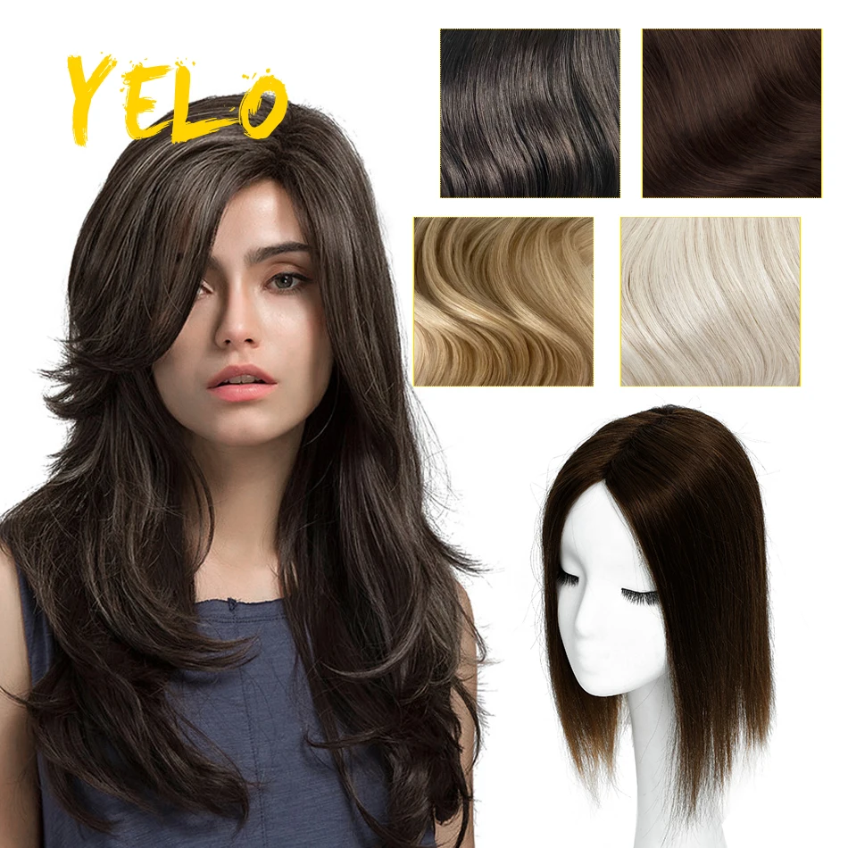 Yelo Natural Topper Human Hair Piece With Bang 100% Brazilian Remy Topper Middle Clip In Hair Extensions Machine Made Lace Base