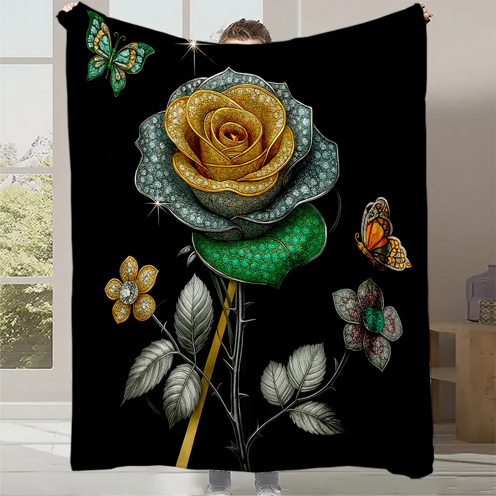 1pc Monet-Inspired Luxury Gemstone-Like Rose Print Fleece Blanket - Golden & Black French Impressionist Art, Plush All-Season