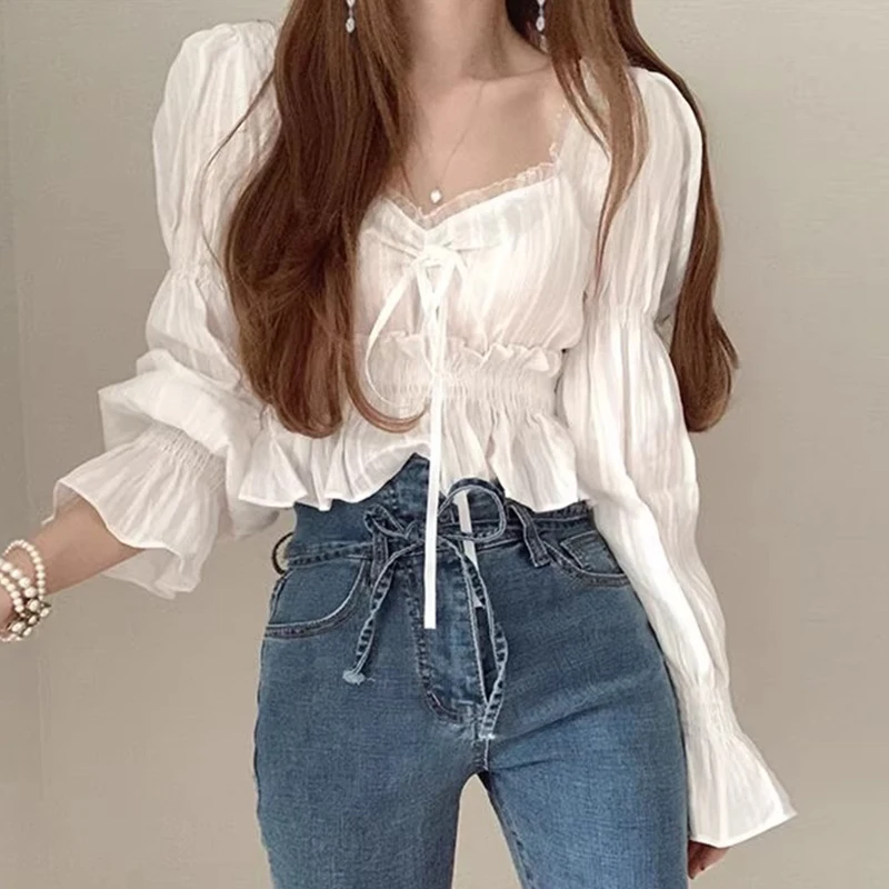 

Chic Lace Panel Slim Fit ort irt Women's Long Sve Belted Waist Cinching Sweet Sle Top for Autumn New Arrival