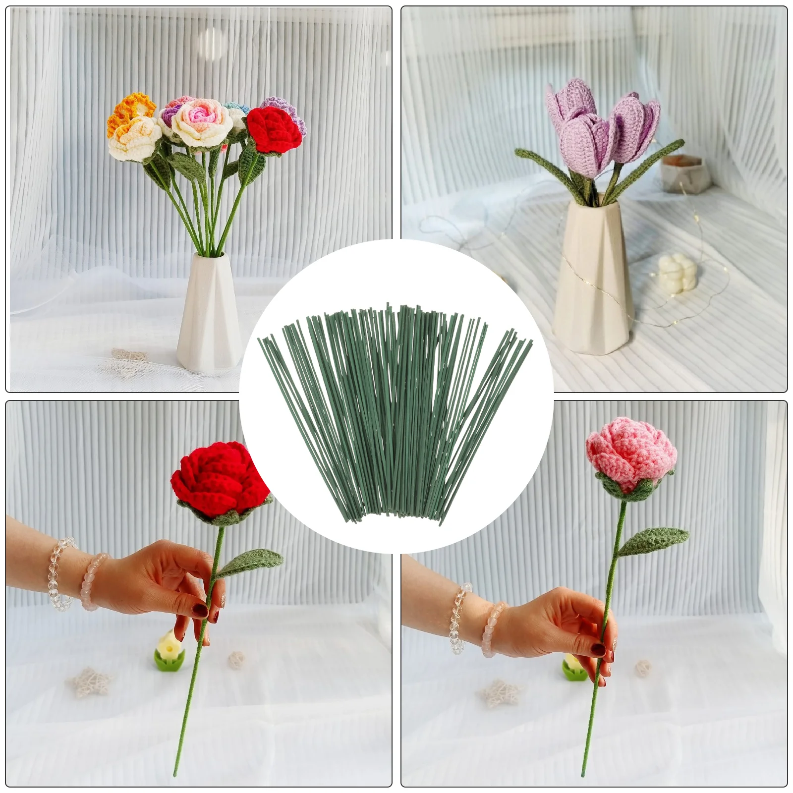 100 peças material de haste de flor verde fio floral decorar hastes falsas haste artificial de plástico para kit de casamento flores falsas