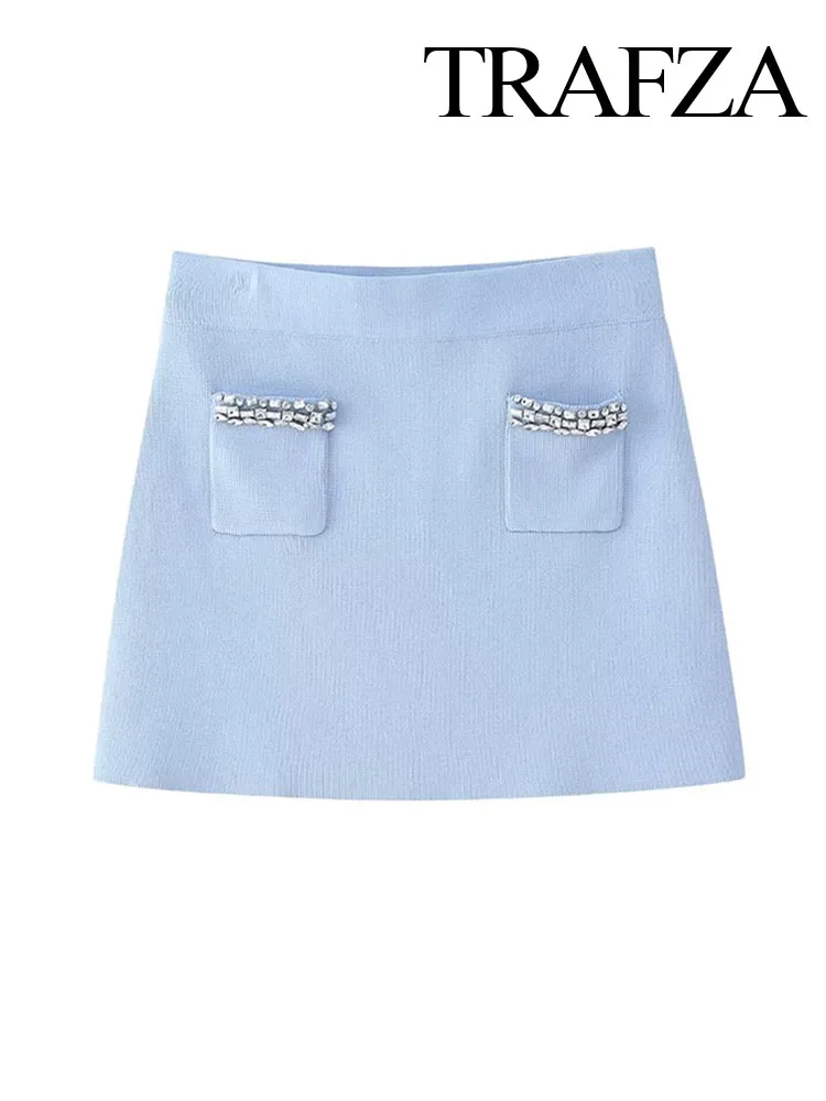 TRAFZA Women Summer New Fashion Mini Skirts Blue High Waist Rhinestones Pockets Decorate Female Elegant Slim Short Skirt