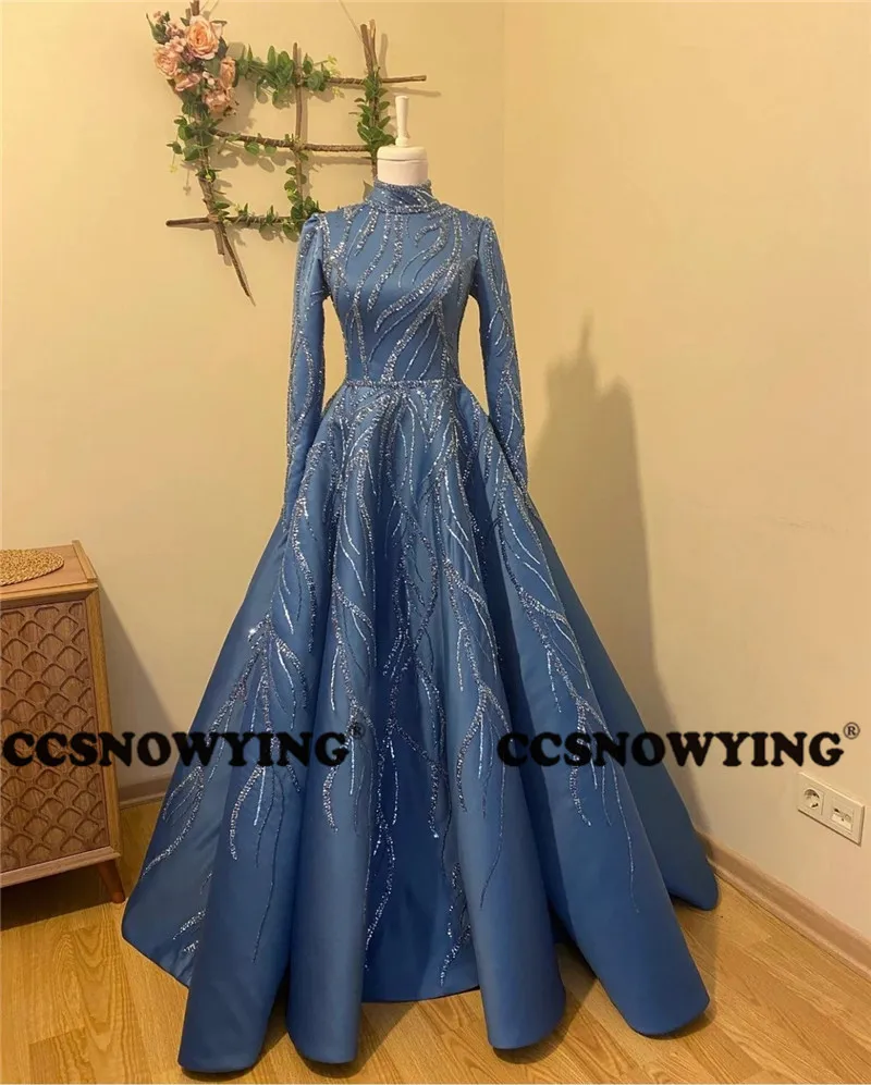 Blue Satin Beaded Long Sleeve Muslim Evening Dresses Hijab Islamic Formal Party Ball Gown Luxury Arabic Kaftan Robes De Soirée