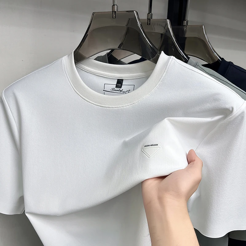 Luxury ice silk short sleeve round neck T-shirt brand fashion triangle embossed men's summer breathable casual high-quality top