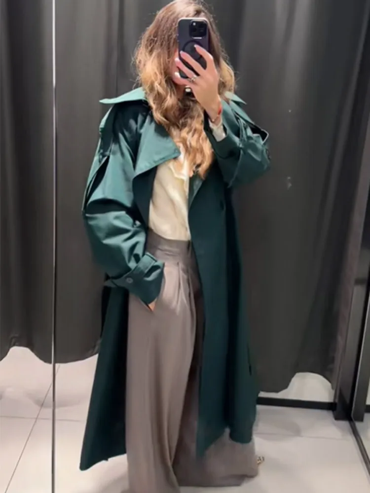 Women Green Long Trench Coat Fashion Full Sleeve Lace Up High Collar Oversized Jacket 2025 Autumn Winter Lady Street Windbreaker