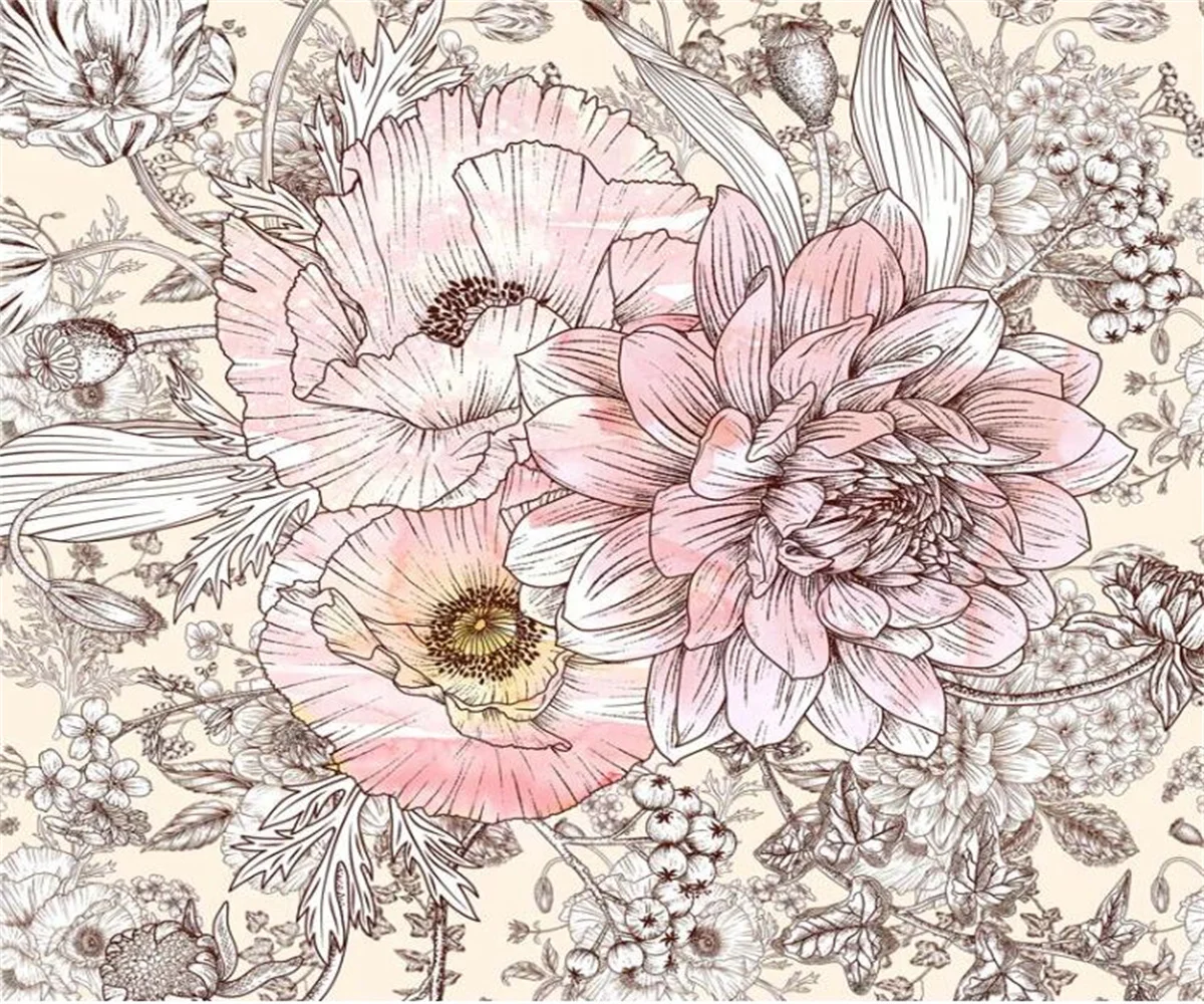 Custom wallpaper Pink big peony flower lines watercolor wallpaper living room TV Homestay background wall decoration wallpaper
