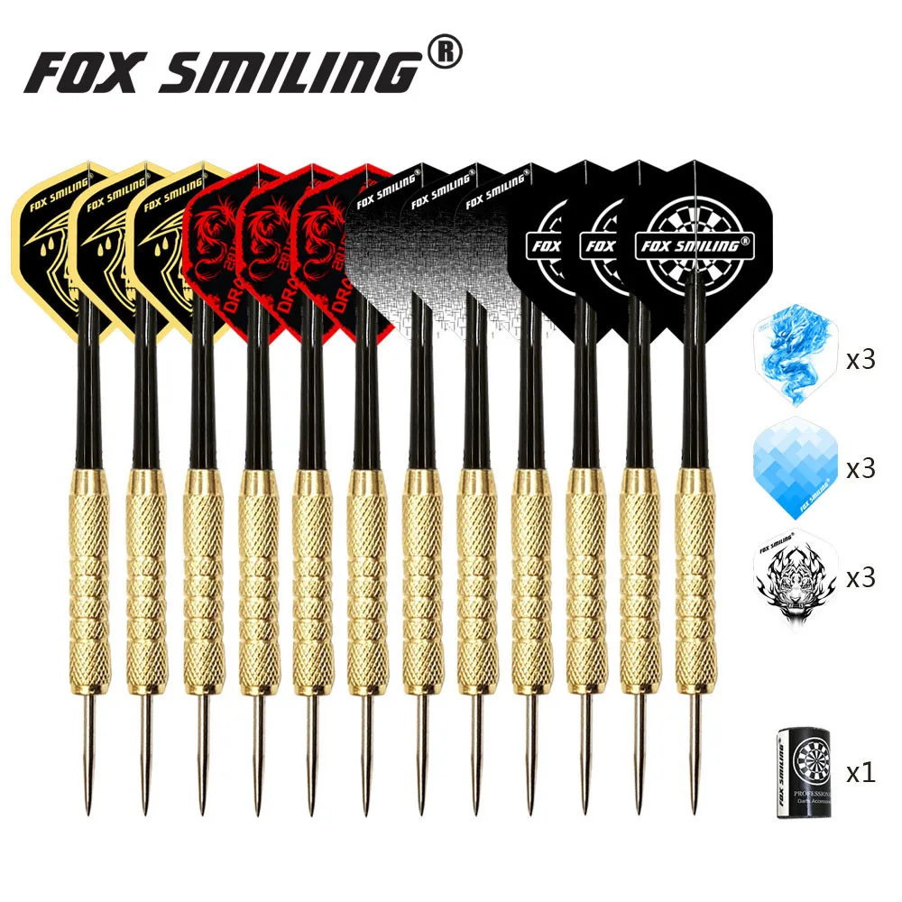 Fox Smiling 12PCS Dardos 18g Steel Tip Point Darts Professional With Aluminum Nylon Shaft With 9PCS Flights 1PCS sharpener