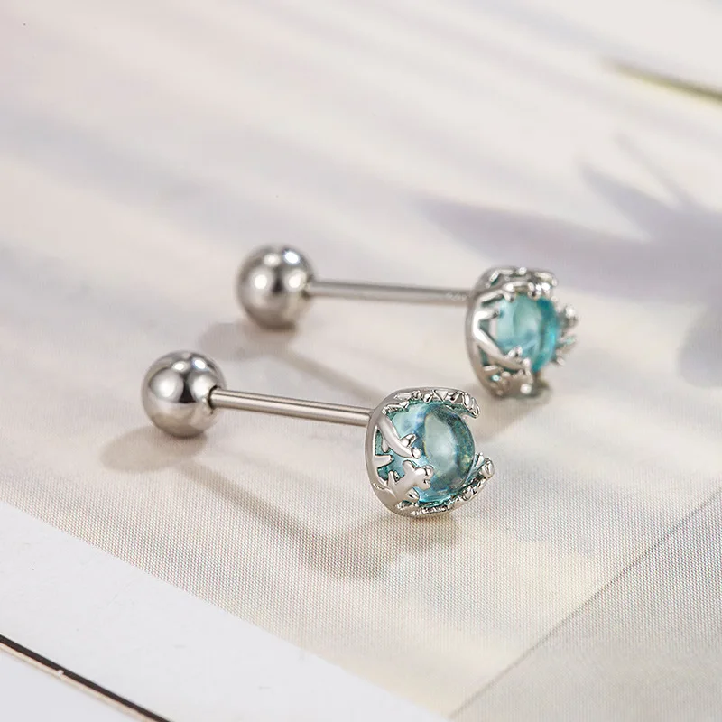 Punk Colorful Moonstone Stud Earrings for Girls Cute Hip Hop Screw Female Korean Fashion Round Earring Bestie Piercing Jewelry