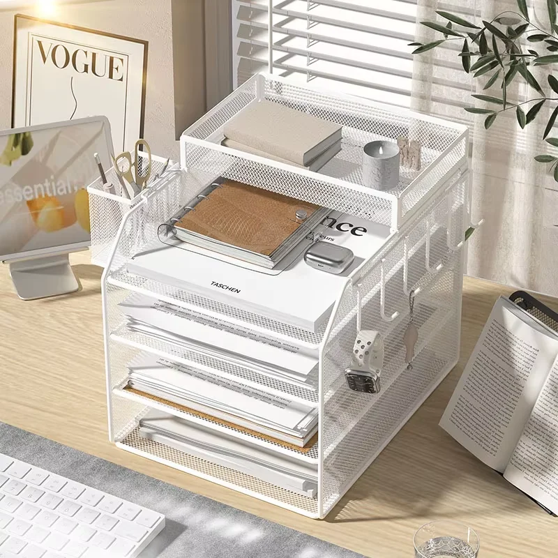White Metal Desktop Storage Organizer Shelves with Hooks|Super Large Classified Capacity|Fine Grid Ventilation|Space-Saving