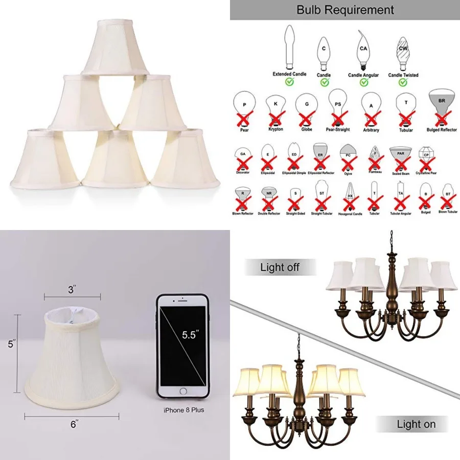 

Chandelier Shades, ONLY FOR CANDELABRA BULBS, Clip-on Fitter Lamp Shades, 3" X 6" X 5", 6 pcs Set