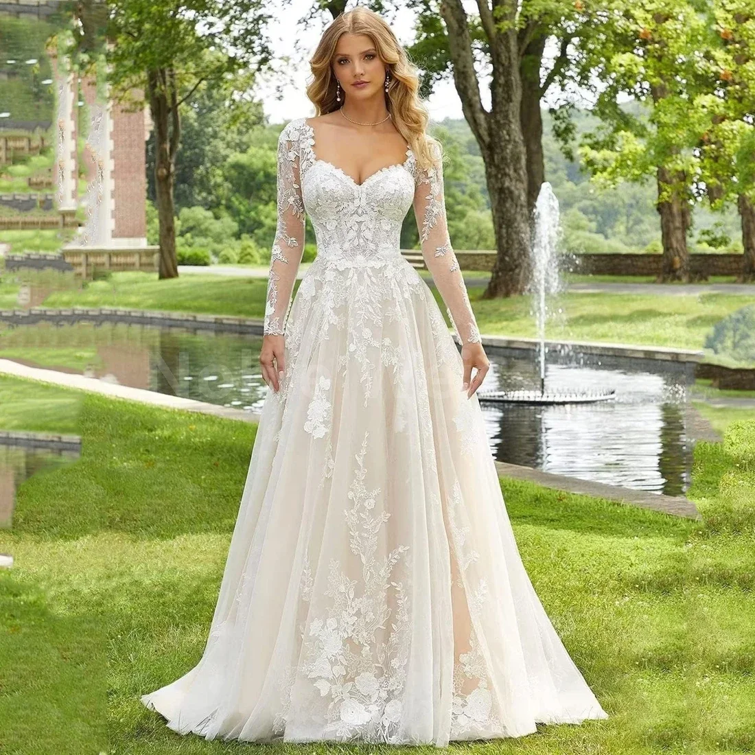 

Customize Lace Sweetheart Wedding Dress Long Sleeves Bride Gowns Backless Applique Sweep Train Beach Vestidos De Novia