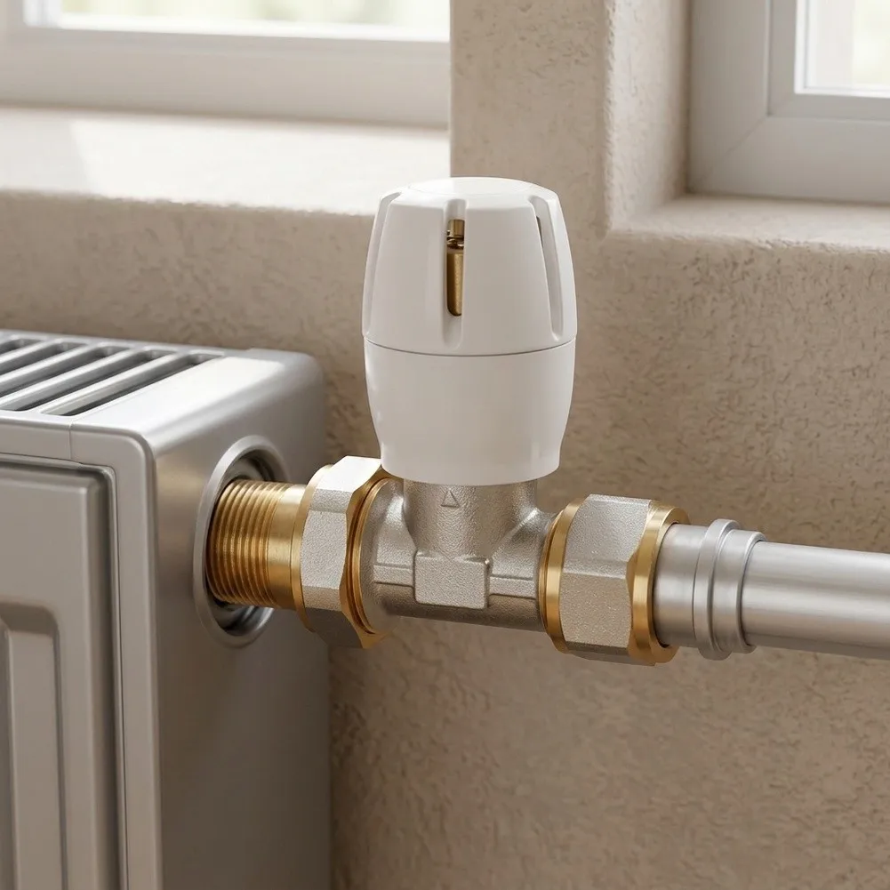 Straight Thermostatic Valve for Radiators with White Marked Head and Seamless Integration into Linear Pipelines