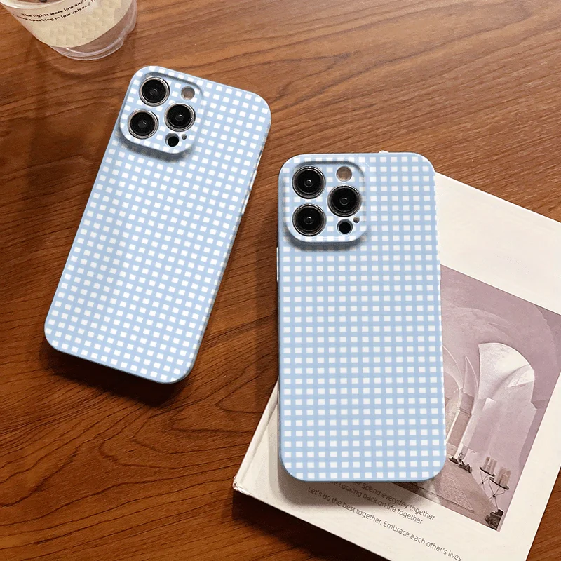 Blue and White Checkered Pattern All-over Glossy Film Phone case, suitable for iPhone 17, 16, 15, 14, 13, 12, 11, etc.