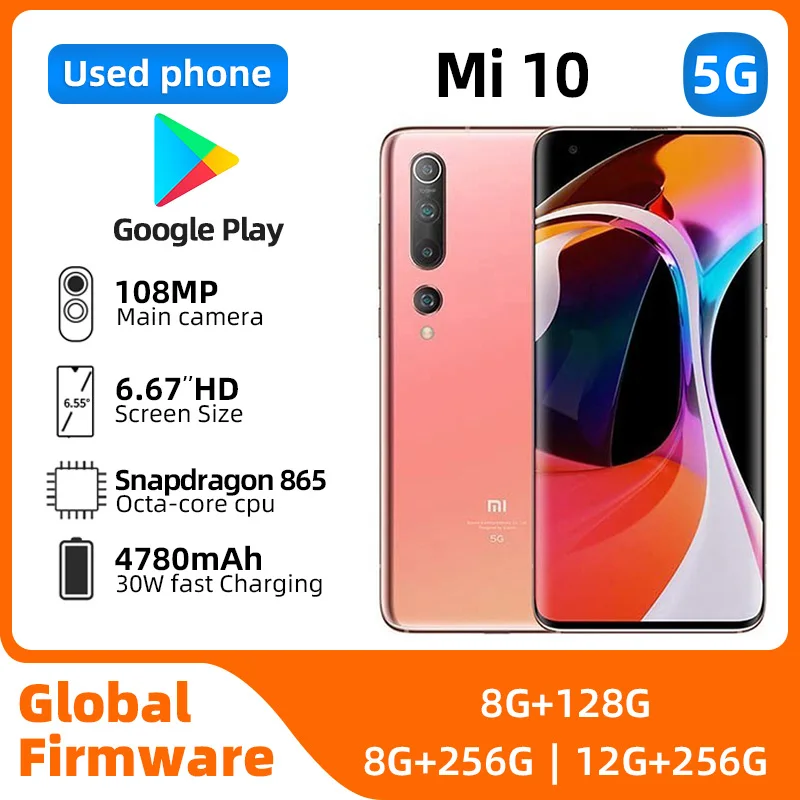 Xiaomi Mi 10 Android 5G Ontgrendeld 6.67 Inch 12Gb Ram 256Gb Rom Alle Kleuren In Goede Staat Originele Gebruikte Telefoon