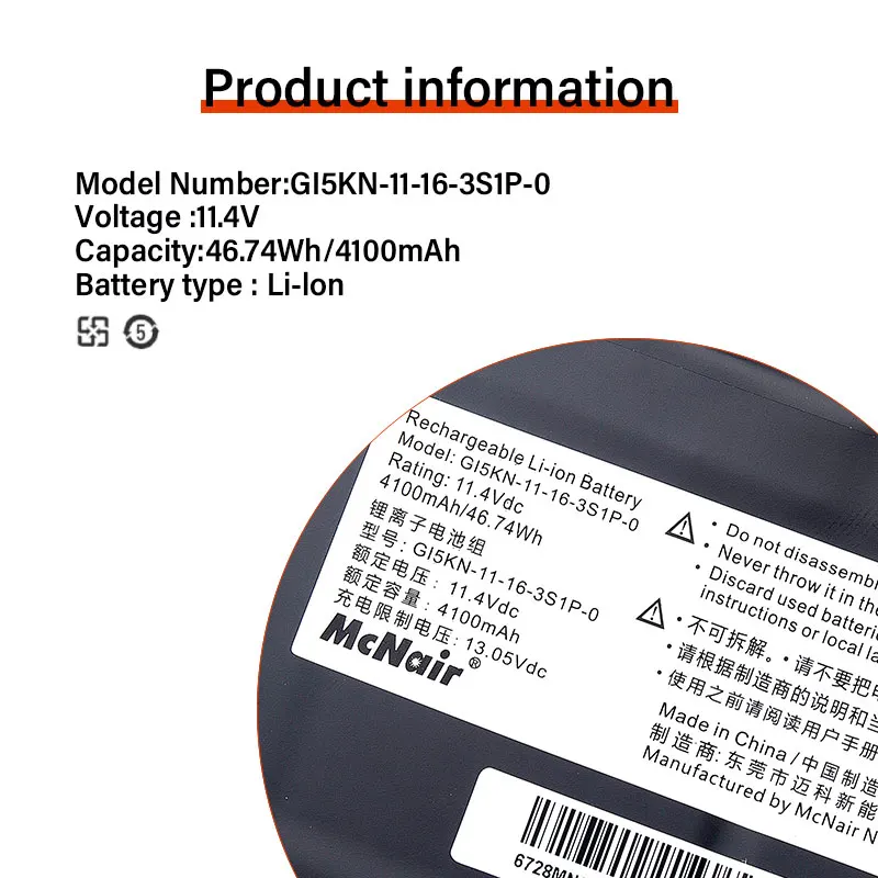 GI5KN-00-13-3S1P-0 Laptop Batterij Voor Clevo GI5KN-11-16-3S Kp7d2 Gi5kn Z7-KP7D2 Z7-KP7GT 11.4V 4100Mah