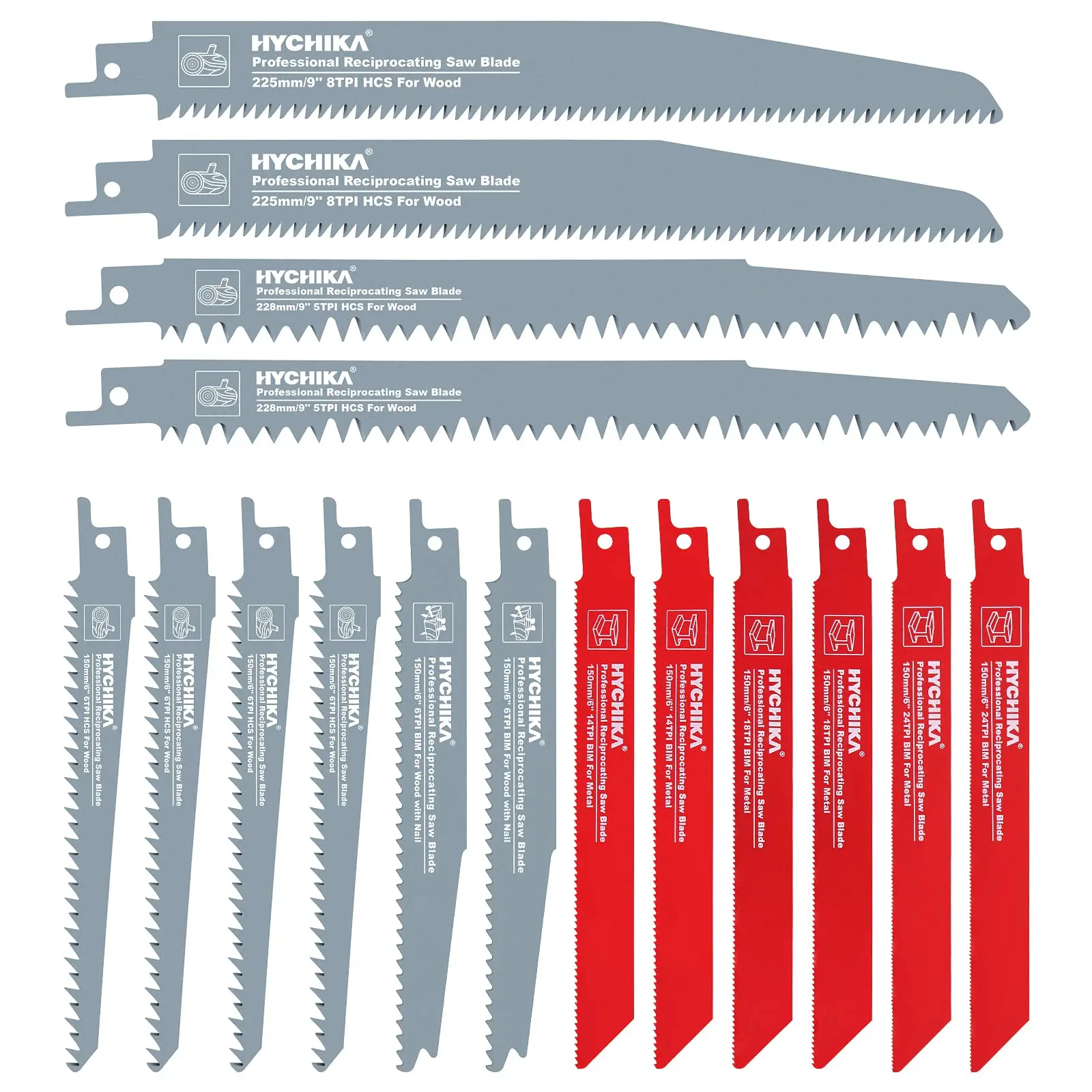 HYCHIKA 16 Pieces Reciprocating Saw Blades Set with Organizer Case Durable for Cutting Wood Metal Plastic Power Tool Accessories