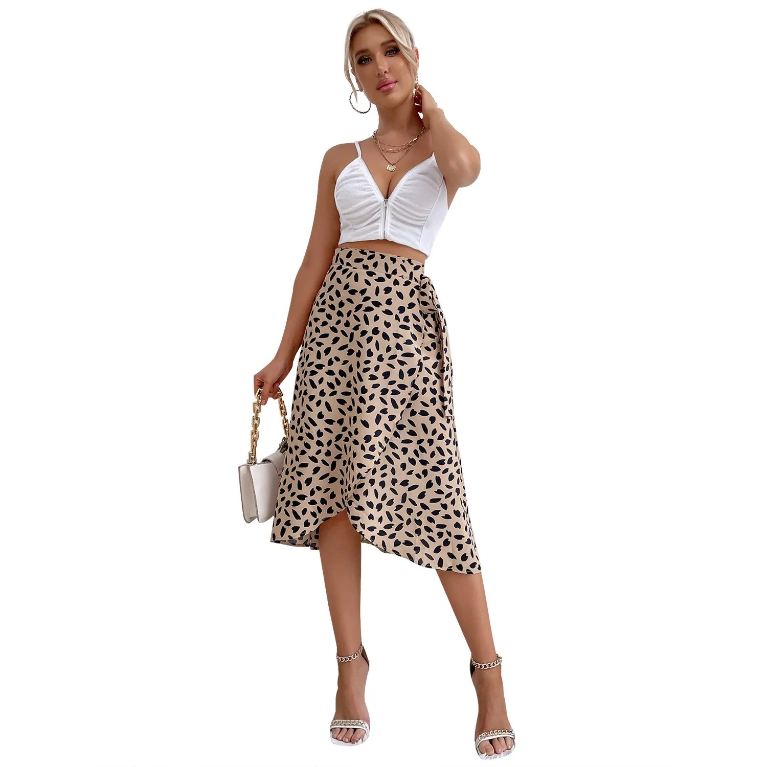Printed Midi Length Full Swing Skirt with Elegant and Refined Commuter Style Print Wrinkle Treatment Summer Skirts for Women