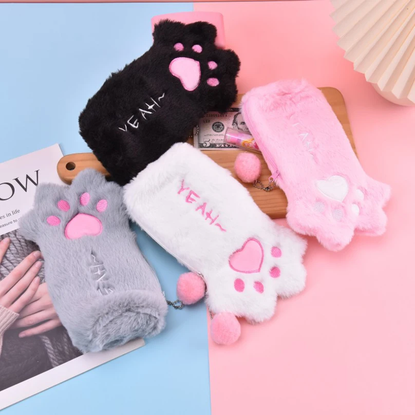 Cat Paw Pencil Case School Supplies Pencilcase Kalemlik Plush Cute Pen Case Stationery Cartucheras Escolares Pencil Pouch