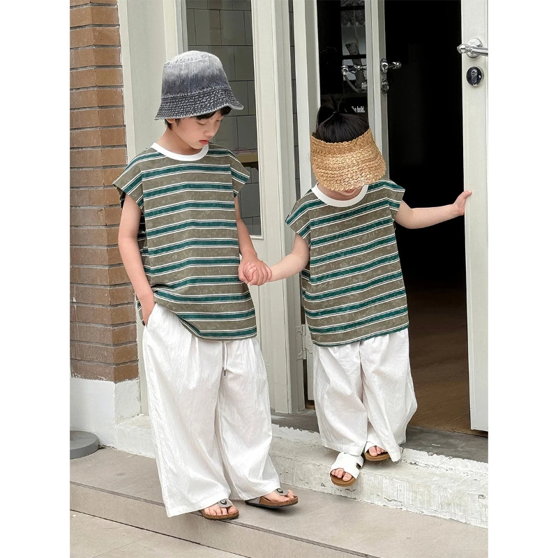 

Boys' Summer Clothes 2025 New Fashion Baby Summer Contrast Striped Sleeveless Pullover Vest Top